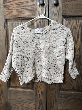 Chloe + Cyrus Cream Plush cropped Sweater with Blue and Brown Accents